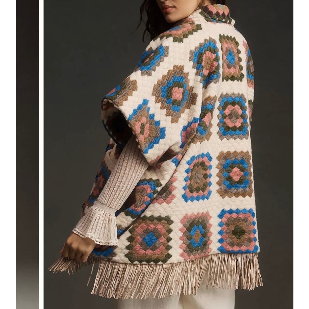 Hutch Rai Reversible Crochet Poncho Boho‎ Granny Square Fringe Oversized M/L